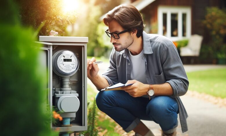 A person in casual clothes and glasses, crouched next to a water meter, holding a notepad and pen.