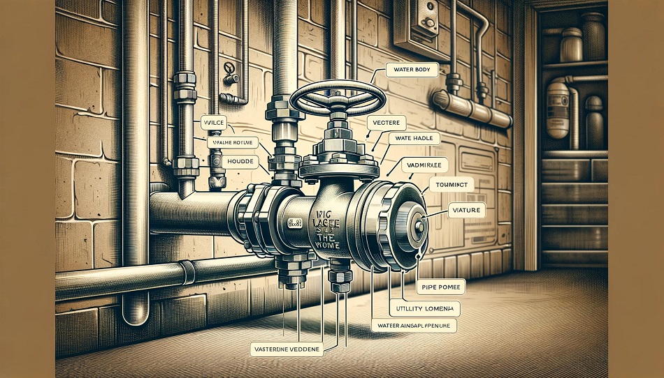 Labeled illustration of a home water shut-off valve in a basement, showing parts such as the valve body, handle, and pipe connections.