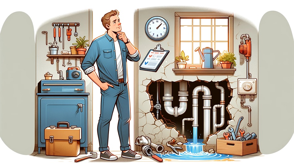 Illustration of a homeowner in a basement assessing different plumbing problems including a burst pipe, a backed-up sewer, and a simple leak.