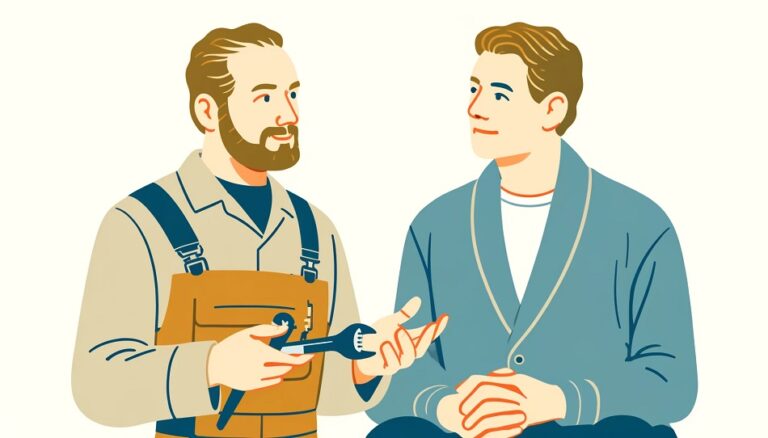 Illustration of a professional plumber in uniform discussing plumbing issues with an engaged homeowner in a typical home setting.