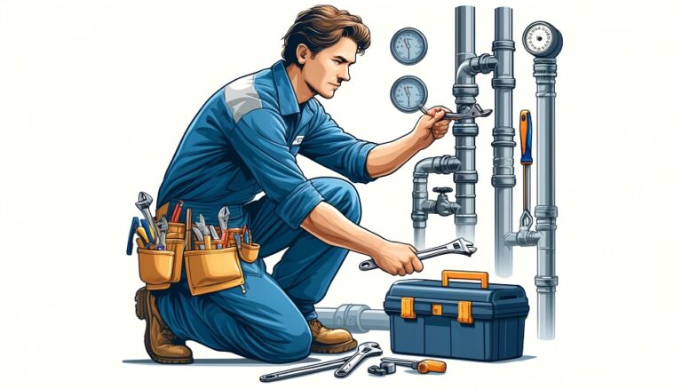 Illustration of a professional plumber in a blue uniform, repairing pipes with specialized tools in a plumbing environment.