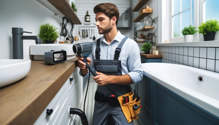 Professional plumber using a video pipe inspection tool in a modern kitchen