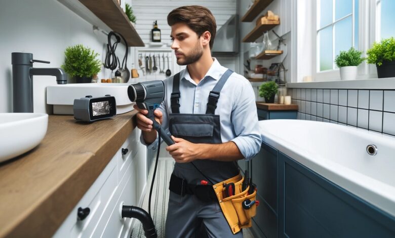 Professional plumber using a video pipe inspection tool in a modern kitchen