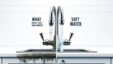 A split view image showing a kitchen faucet with hard water stains and buildup on the left side, and a clean, shiny faucet with soft water on the right side. The background is white, with a clear contrast between the two sides. The title "What Should I Do If I Have Hard Water?" is written at the top in bold text, and the logo of Profix Dubai is at the bottom.
