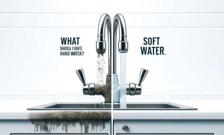 A split view image showing a kitchen faucet with hard water stains and buildup on the left side, and a clean, shiny faucet with soft water on the right side. The background is white, with a clear contrast between the two sides. The title "What Should I Do If I Have Hard Water?" is written at the top in bold text, and the logo of Profix Dubai is at the bottom.