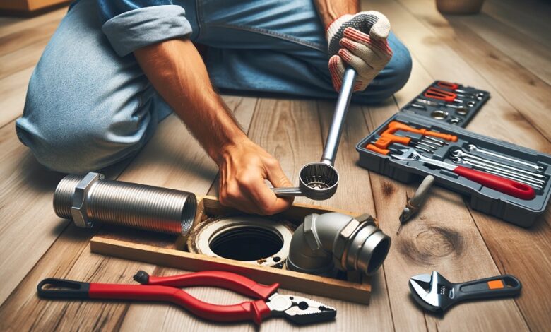 A person unclogging a drain or tightening a pipe, showcasing simple DIY plumbing repairs, with a toolkit of basic plumbing tools in the background.