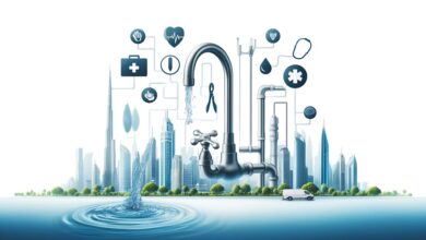 Illustration showing the vital role of plumbing in public health with clean water, pipes, and healthcare symbols set against the Dubai skyline.