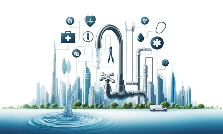 Illustration showing the vital role of plumbing in public health with clean water, pipes, and healthcare symbols set against the Dubai skyline.