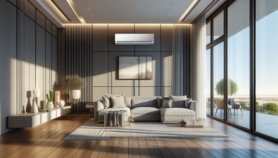 3D Interior Living Room with a Wall-Mounted AC Unit