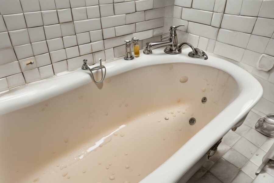 A bathtub with noticeable stains