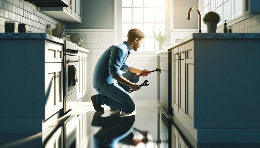 A person in a blue shirt and jeans kneeling down to fix a leaky faucet in a modern kitchen.