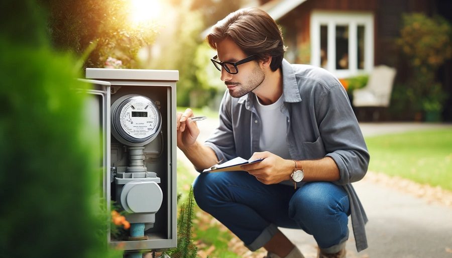 A person in casual clothes and glasses, crouched next to a water meter, holding a notepad and pen.