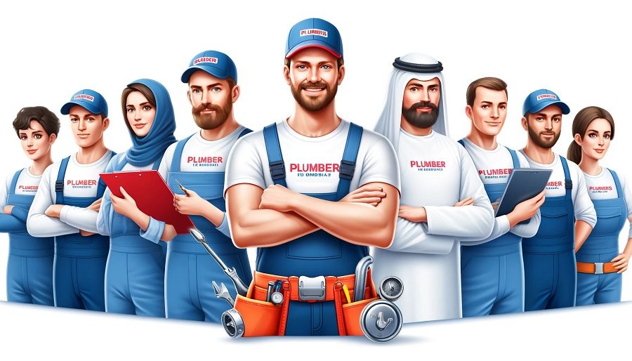 A team of professional plumbers from Profix Dubai ready to assist with plumbing needs, on a white background with the company name 'Profix Dubai'.