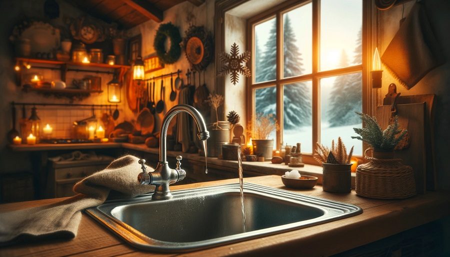 A cozy home interior with a sink faucet slightly dripping to prevent pipe freezing during winter. The kitchen is warmly lit with rustic decor and a snowy landscape visible through the window.