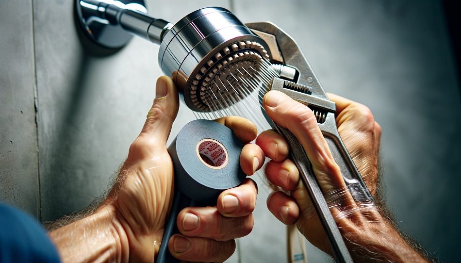 Close-up of hands using a wrench and plumber's tape to install a modern showerhead.