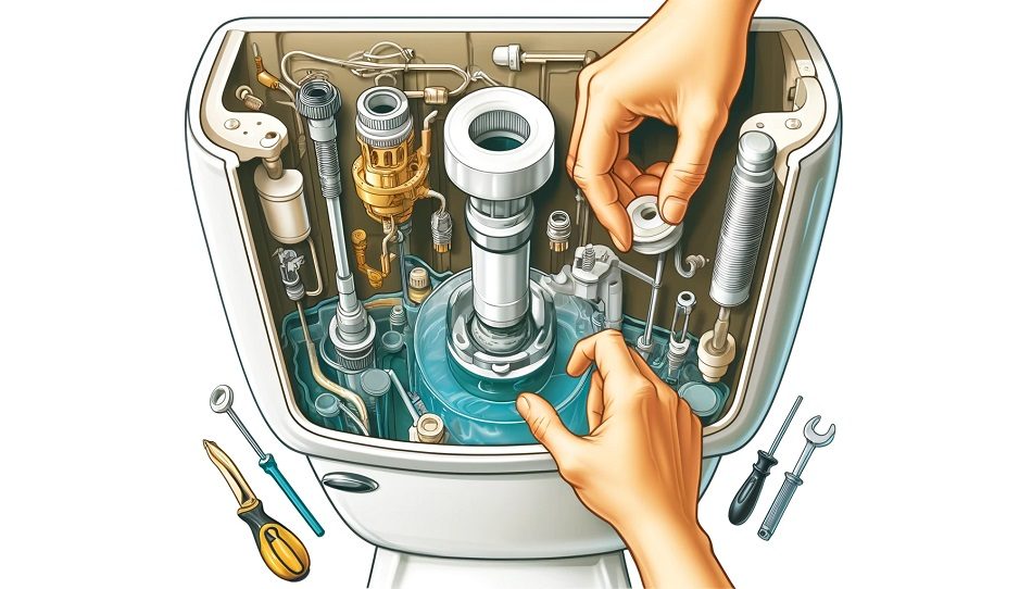 DIY toilet tank repair showing hand replacement of a worn flapper and adjustment of the float.