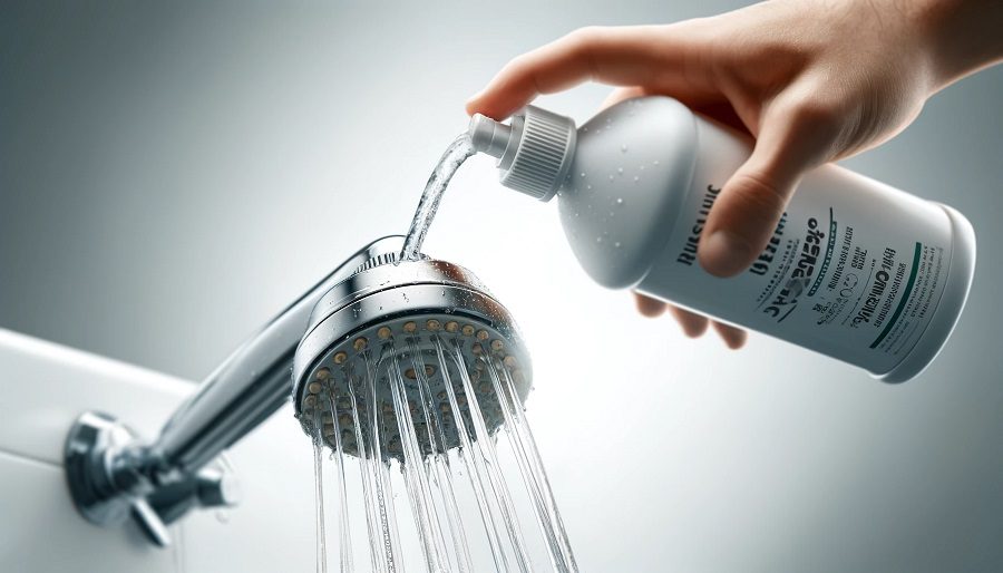 A bottle of descaling agent being used to clean a showerhead, with the agent being poured or sprayed, against a white background. Text overlay reads: "For those who prefer not to install a water softener, descaling agents can be a good alternative. These products help dissolve and remove mineral buildup in your appliances and plumbing fixtures.