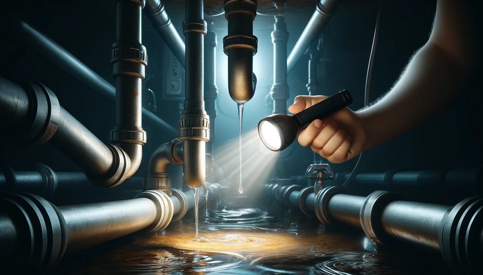 Detecting Plumbing Leaks Visible pipes under a sink with a noticeable drip and a flashlight highlighting active leak detection.