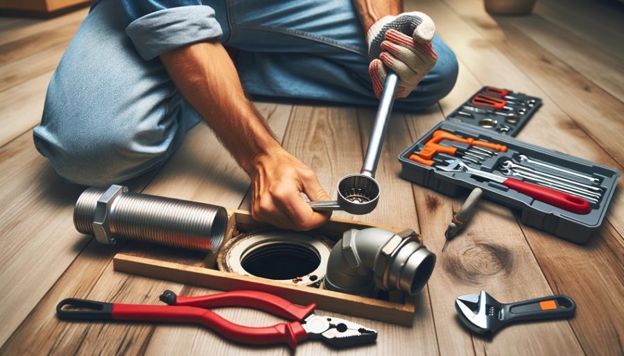 A person unclogging a drain or tightening a pipe, showcasing simple DIY plumbing repairs, with a toolkit of basic plumbing tools in the background.