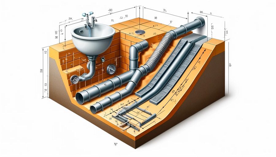 A diagram showing the proper slope for drain pipes and the installation of vent pipes in a plumbing system.