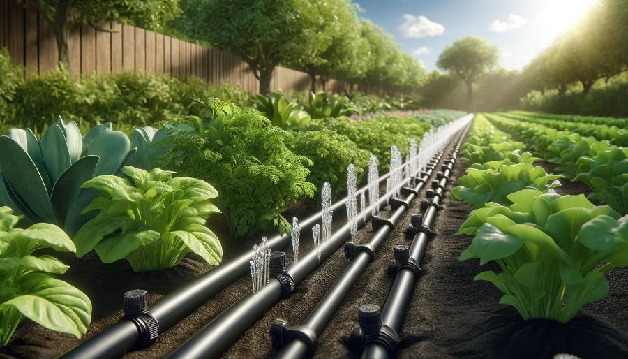 Drip irrigation system with black tubing and drip emitters watering rows of green vegetable plants in a lush garden.