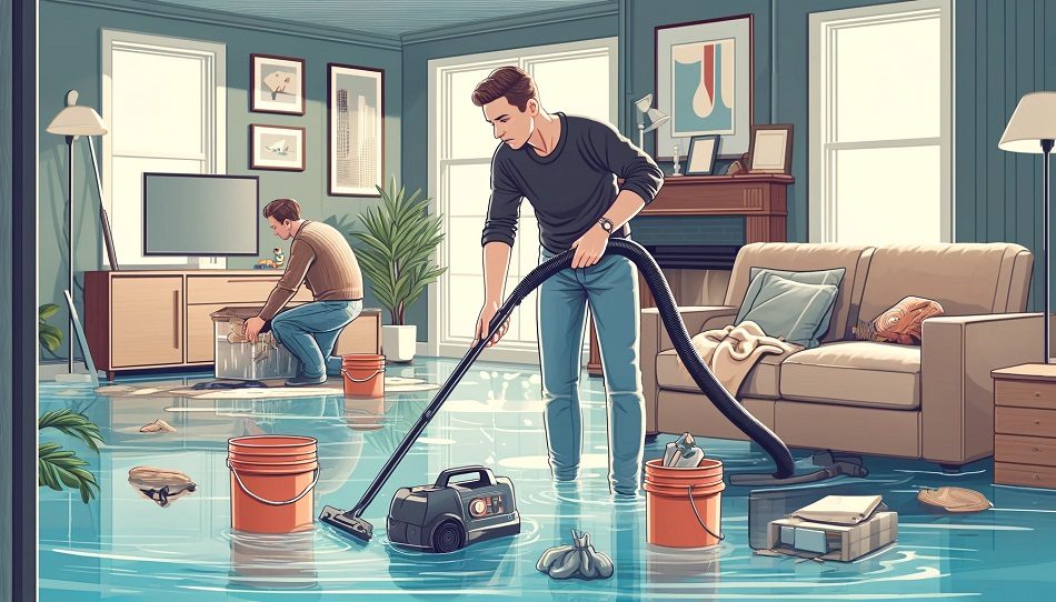 Illustration of a homeowner using buckets, towels, and a wet/dry vacuum to remove