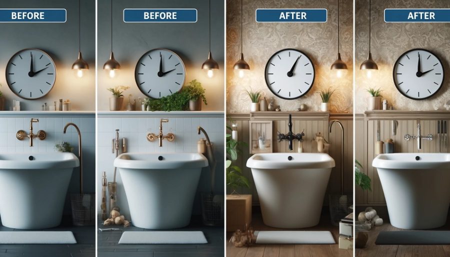 Before and after images of old vs. new water-efficient fixtures in a stylish, modern bathroom, highlighting the improvements in aesthetics and functionality.