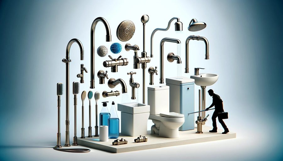 Modern, water-efficient plumbing fixtures such as faucets, showerheads, and toilets being installed.