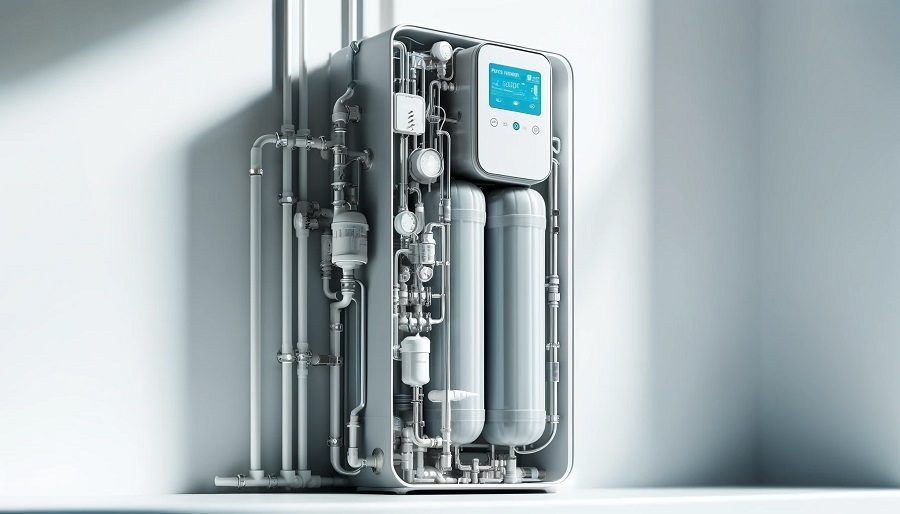 A water softener system installed in a home, focusing on the unit with visible pipes and connections against a white background, featuring the brand name "Profix Dubai."