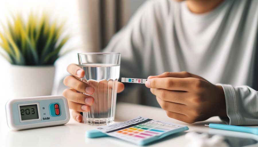 A person using a home water testing kit with a clear glass of water and test strips with color indicators against a white background, featuring the brand name "Profix Dubai."