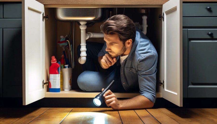 A homeowner crouched down in a well-lit kitchen, inspecting a pipe under a sink for leaks with a flashlight in hand. The sink cabinet doors are open, revealing cleaning supplies and other household items inside.