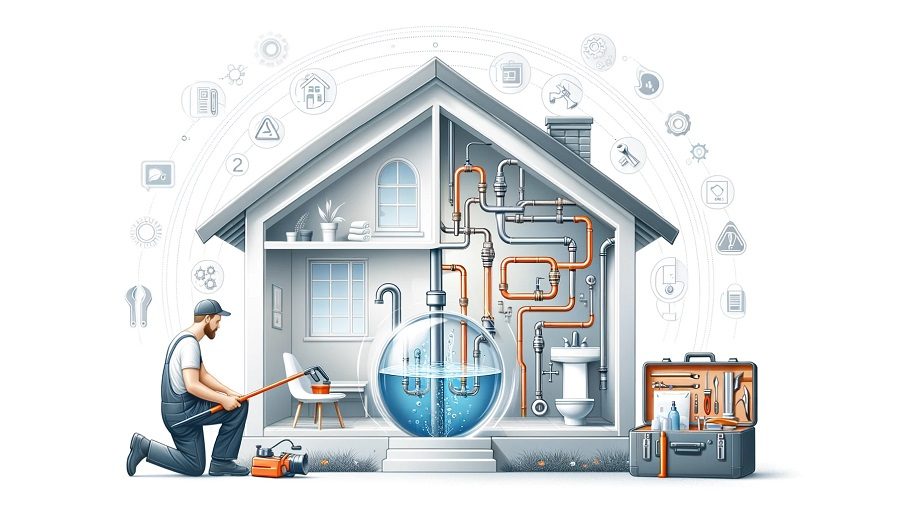 Illustration of a clean house with a plumber inspecting the well-maintained plumbing system.