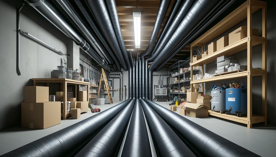 Insulated water pipes wrapped in black insulation material in a well-organized basement.