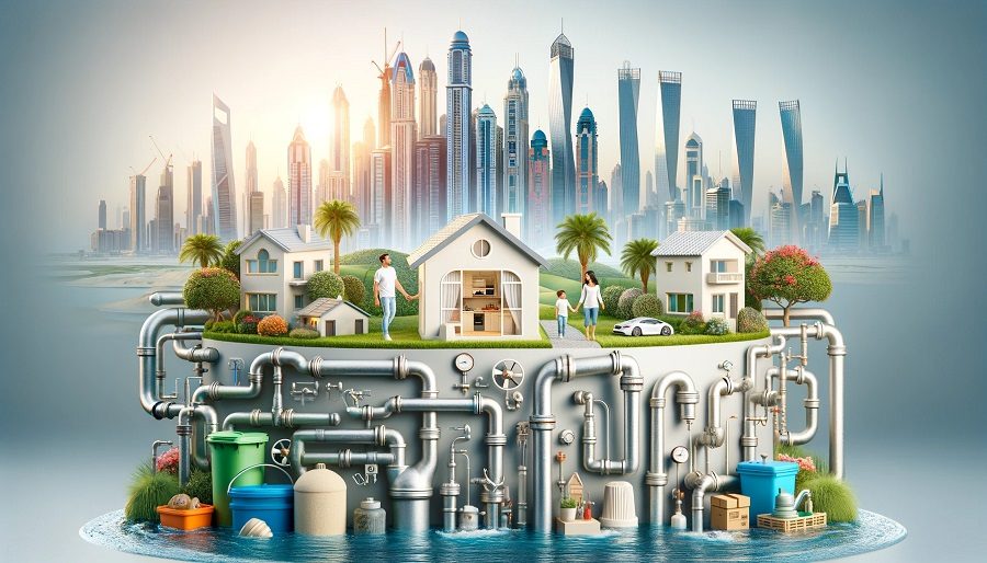 Image of a healthy family in a clean home with plumbing systems and the Dubai skyline in the background.