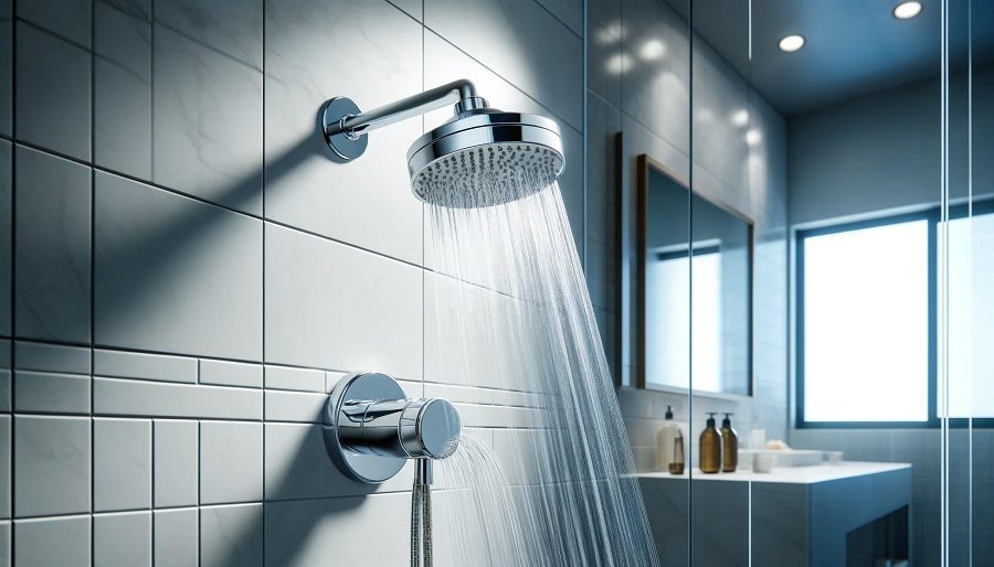 A low-flow showerhead with water flowing in a modern, white-tiled bathroom.