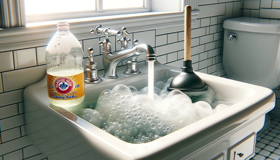 Natural Drain Cleaning Method Bathroom sink filled with bubbling water from a vinegar and baking soda mixture, with a plunger next to it.