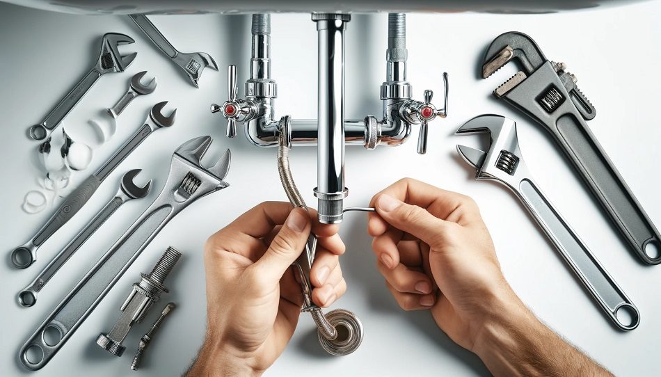 Installation process of a new faucet under a sink with a clear white background, showing hands connecting water supply lines.