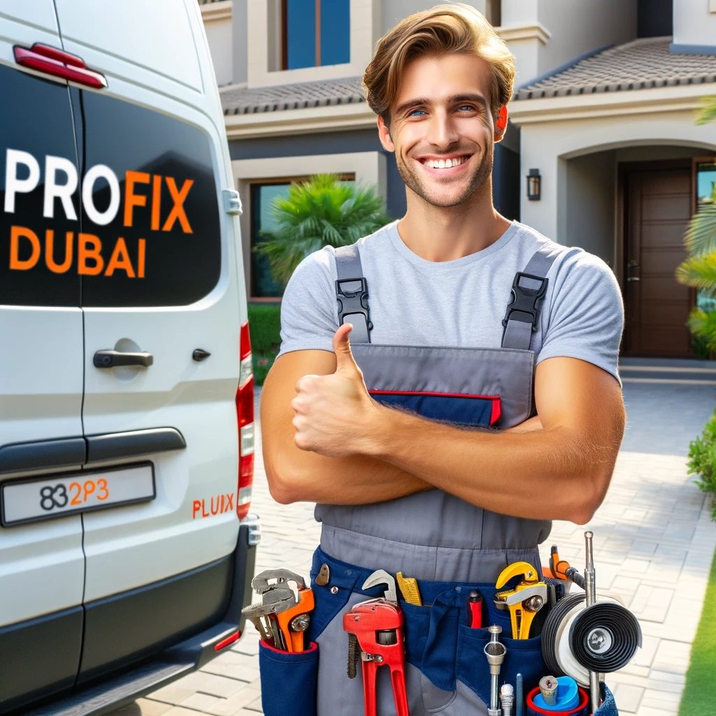 Professional plumber from Profix Dubai standing beside a service van, smiling and giving a thumbs-up, ready to provide emergency plumbing services.