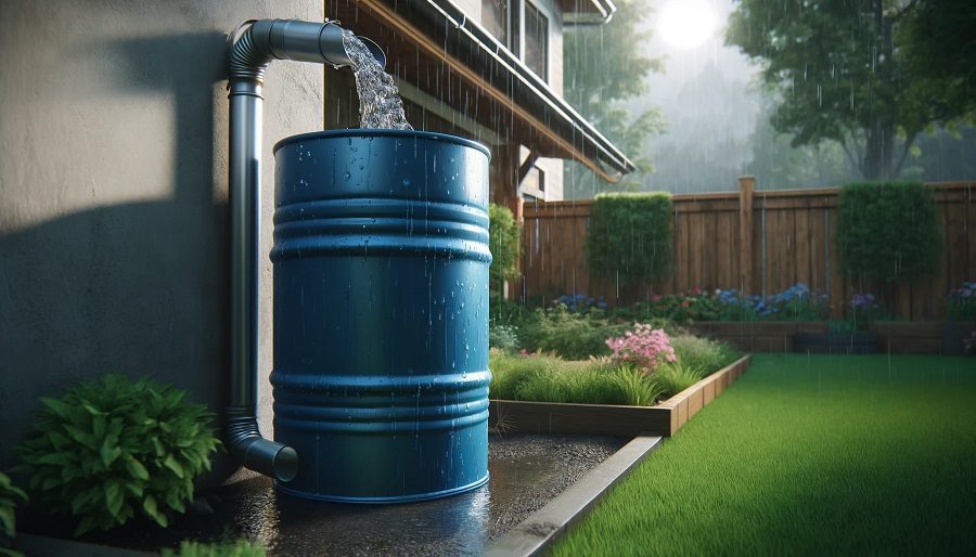 A blue rain barrel collecting rainwater from a downspout in a backyard garden.