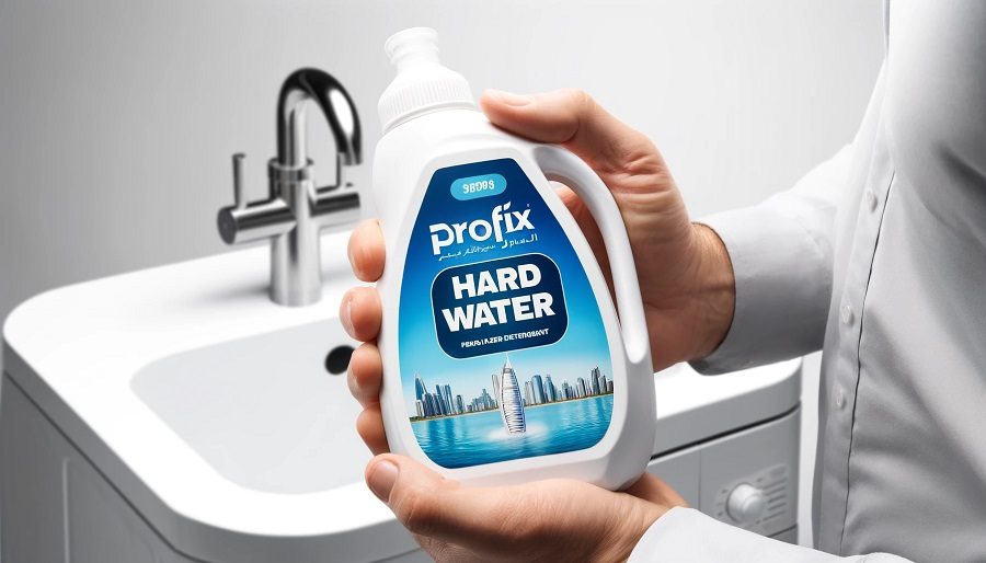 A person holding specialized soap or detergent designed for hard water, with clear labeling, and a sink or washing machine in the background, against a white background. The product is labeled "Profix Dubai"