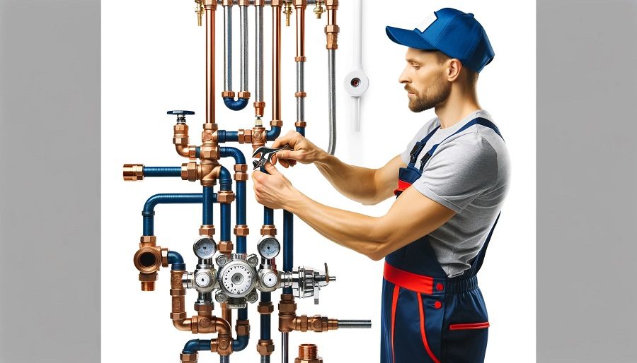 A professional plumber in uniform working on a complex plumbing installation or repair, showcasing their expertise.