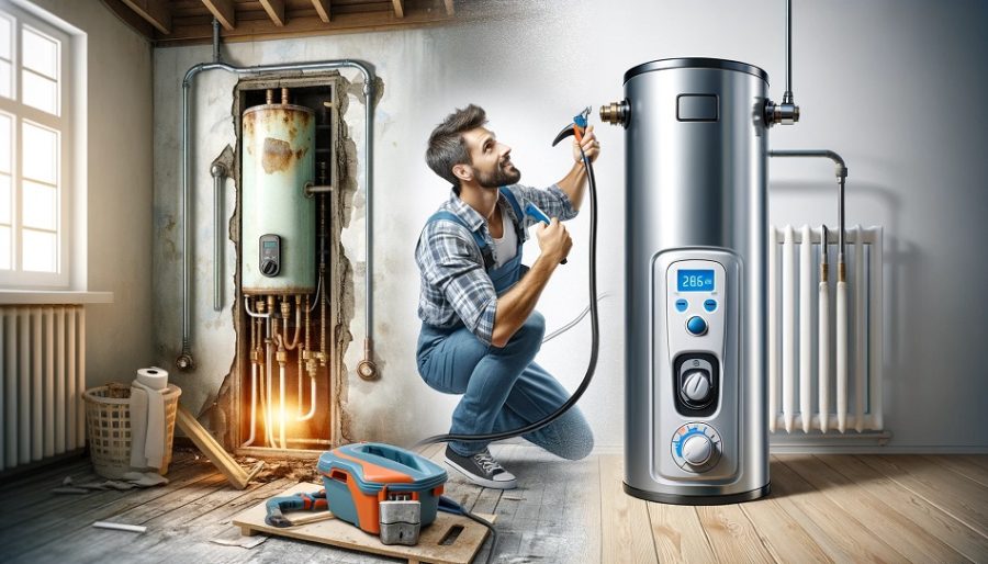 A modern water heater being installed, with a comparison image of an old water heater and a new energy-efficient model, highlighting the benefits of upgrading.