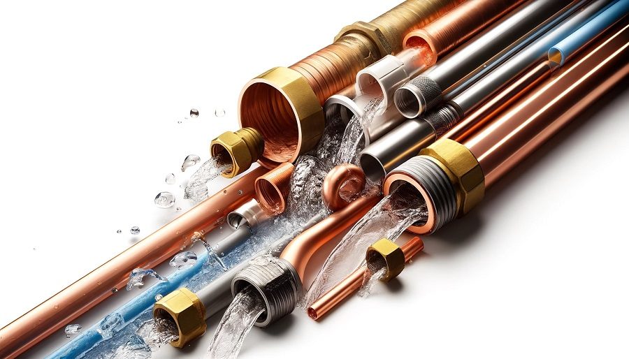 A close-up of different types of pipes (copper, PEX, CPVC) with water flowing through them.