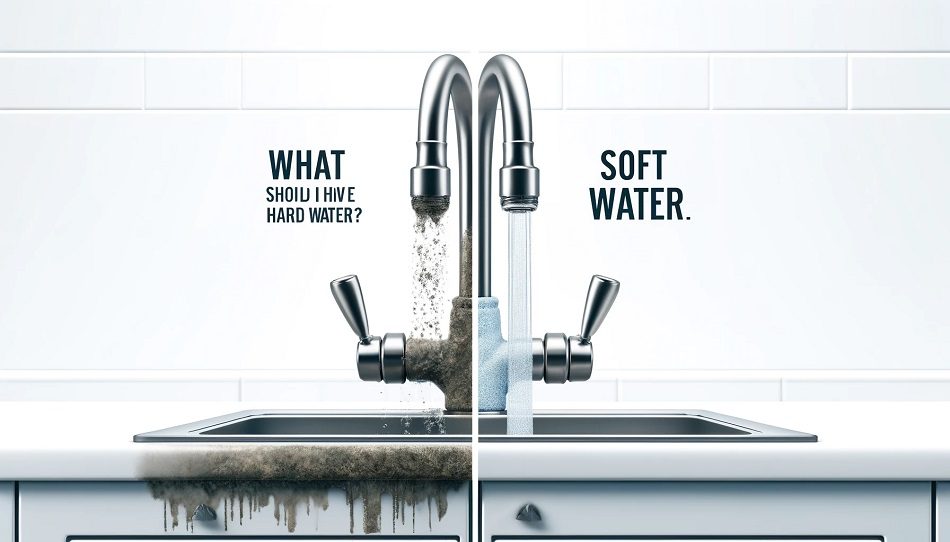 A split view image showing a kitchen faucet with hard water stains and buildup on the left side, and a clean, shiny faucet with soft water on the right side. The background is white, with a clear contrast between the two sides. The title "What Should I Do If I Have Hard Water?" is written at the top in bold text, and the logo of Profix Dubai is at the bottom.