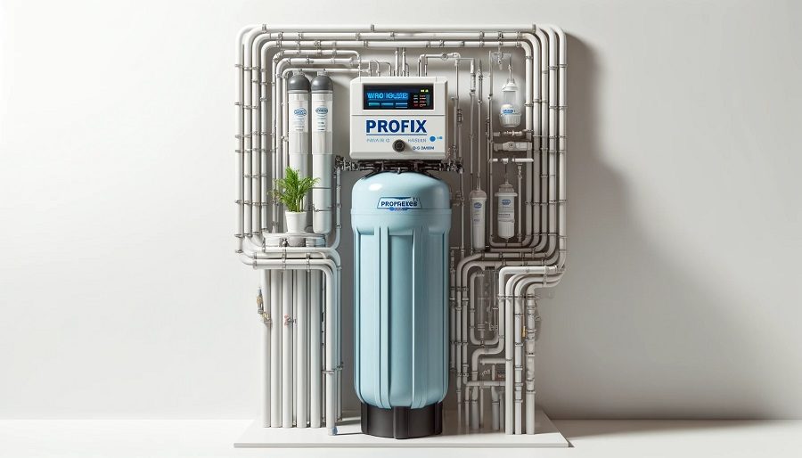 A whole house water filtration system installed in a home, showing the filtration unit and connected pipes, against a white background. The unit is labeled "Profix Dubai."