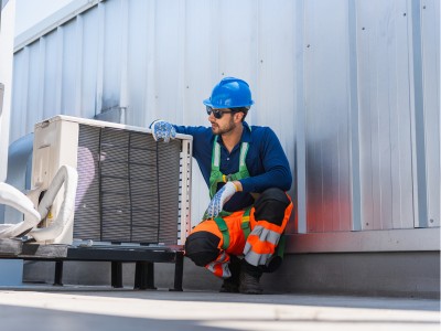 Professional AC technician performing maintenance service in Dubai